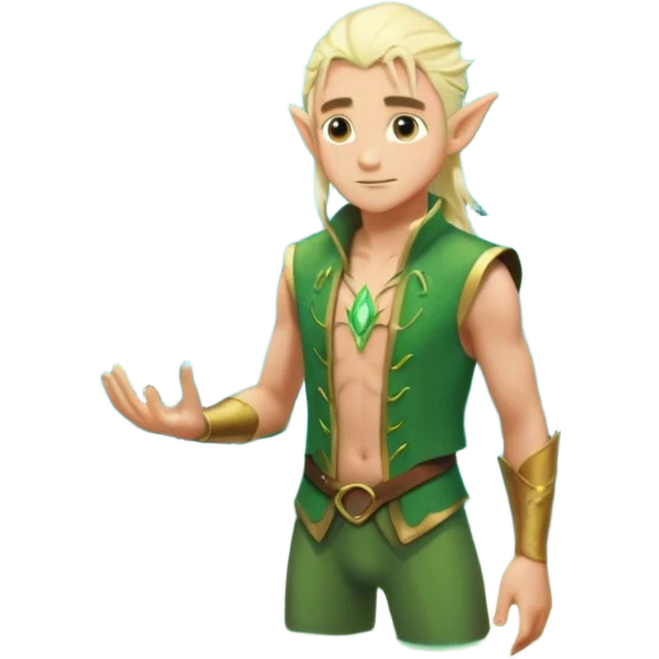 elf male legolas wading in shallow tide pool, palm emitting soft green light to heal glowing coral, practical open vest over bare chest, determined gaze, pointy ears, vibrant underwater plants, centered emoji, nature guardian summer emoji