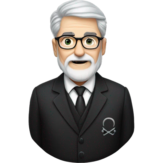 60 year old Caucasian male with grey hair, glasses and a grey goatee beard wearing a black dinner suit with a Masonic emblem on the left lapel. emoji