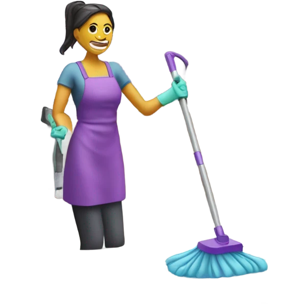 Woman cleaning kitchen with mop and purple cleaner emoji