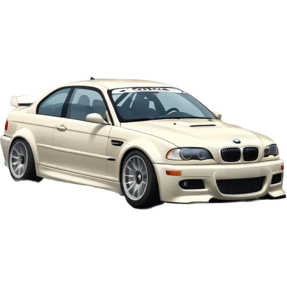 
A BMW M3 E46 is drifting through a corner, with a slight wisp of smoke coming from the rear and the wheels positioned at an angle relative to the turn. emoji