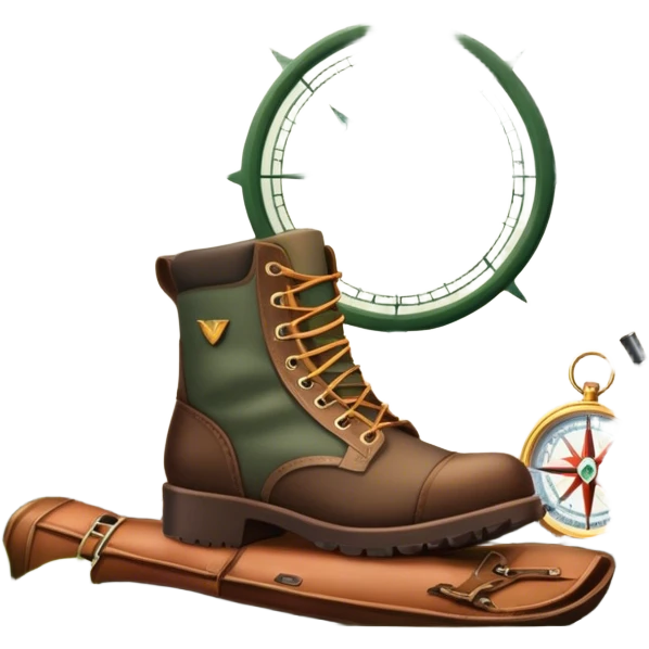Icon for Hunting Tourism: a rifle, hunting boots, and a compass on a forest background, with a silhouette of wildlife in the distance. The icon should capture the adventure and connection with nature in hunting tourism. Transparent background. emoji