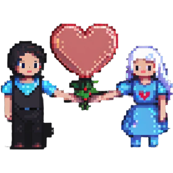 pixel art characters holding hands with heart emoji