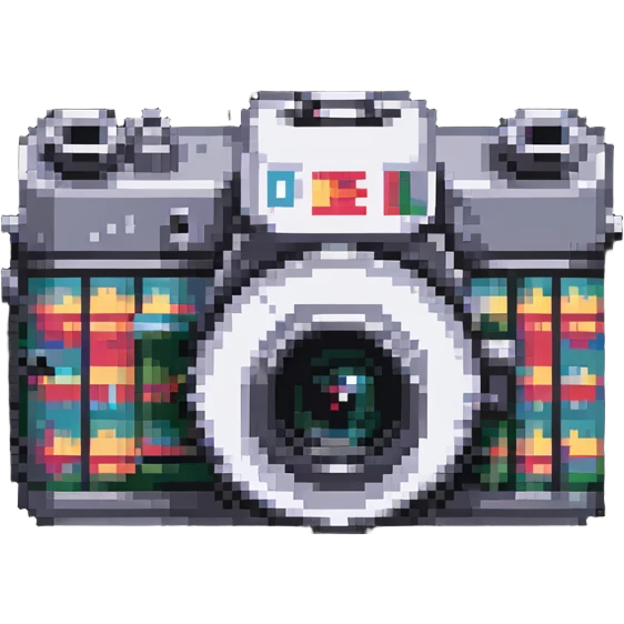 Retro film camera with film roll in pixel art style emoji