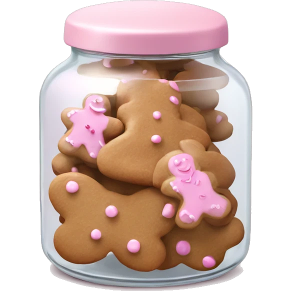 Realistic glass cookie jar with light pink lid full of gingerbread cookies isolated.  emoji