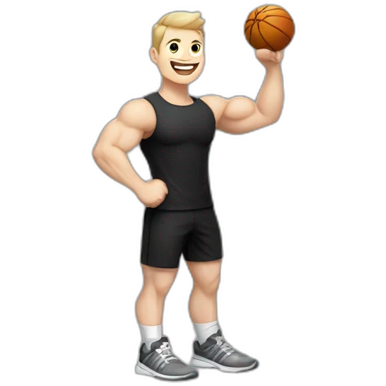 Joyful Celebrating victory Pale skinned Fit Man With the biceps and dark brown hair in black shirt, gray sports shorts and white Sneakers emoji