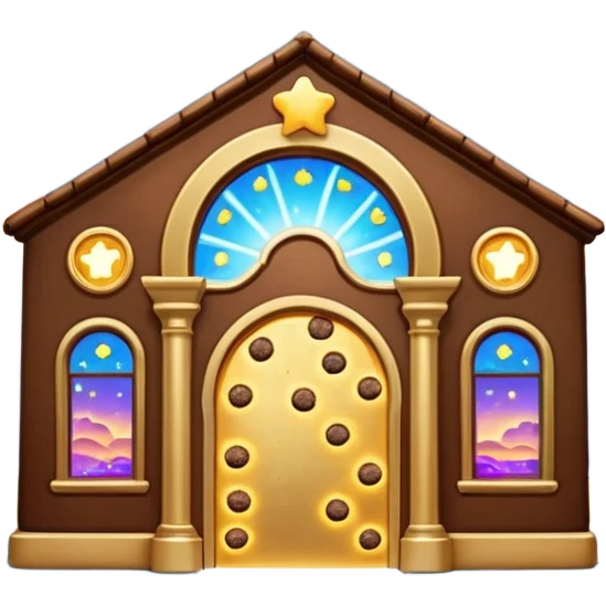 Exterior of a divine floating cookie factory, golden architecture, infinite cookie stream flowing from the entrance, glowing aura, celestial clouds surrounding it, emoji-style emoji