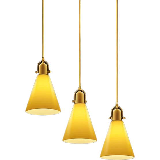 three hanging lamps in a dark room, only the middle lamp is dimly lit, casting a soft yellow cone of light downward, the rest of the room and other lamps remain in total darkness, minimalist cinematic lighting, moody atmosphere, black background, no people emoji