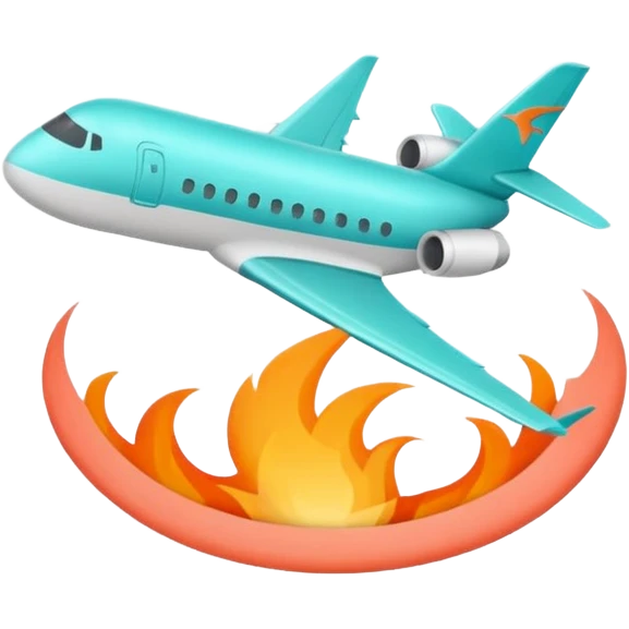 Minimalist flame combined with airplane outline icon, thin contour, monoline vector, premium travel promo emoji, aqua teal and light coral, transparent background, 512x512 emoji