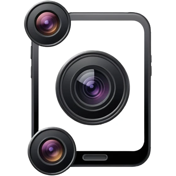Minimalistic flat vector icon, iOS style, thin black contour on white background. Smartphone with a camera lens symbol. No text, no shadows.
 emoji