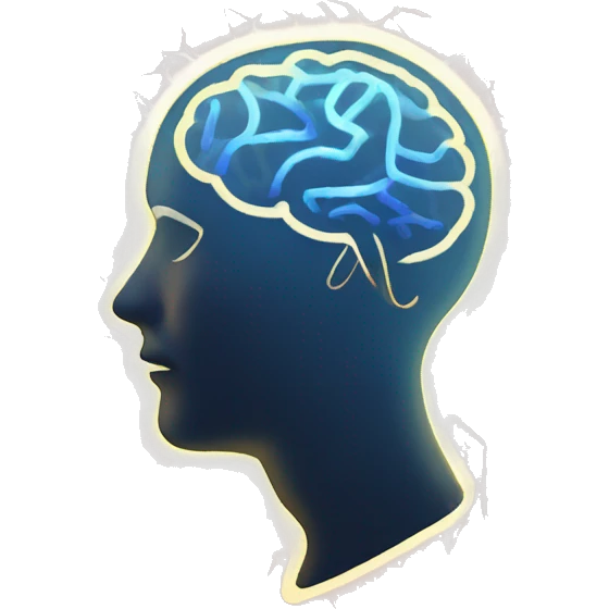 An image of a human head with a glowing brain, surrounded by abstract shapes and light trails, symbolizing thought and intellect emoji