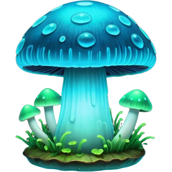 3D render of Glowing Mushroom, bioluminescent deep sea style, glowing neon blue and green lights, dark background to contrast the glow, translucent organic textures. emoji