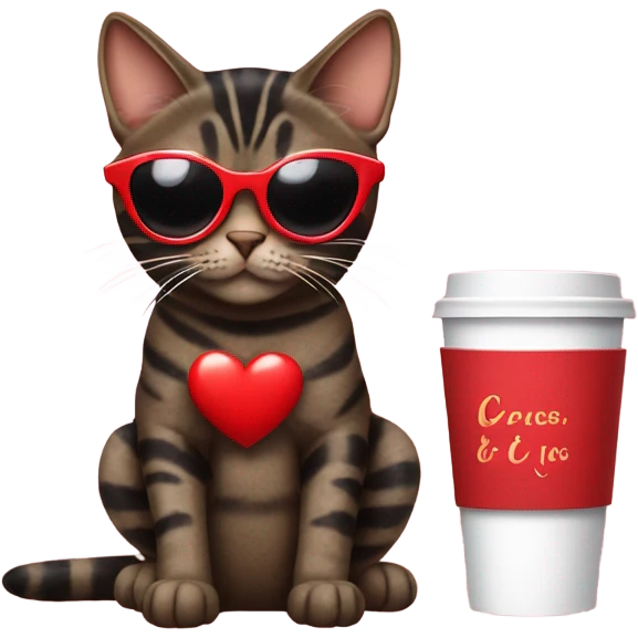 Black and brown tabby cat wearing red heart sunglasses drinking coffee  emoji