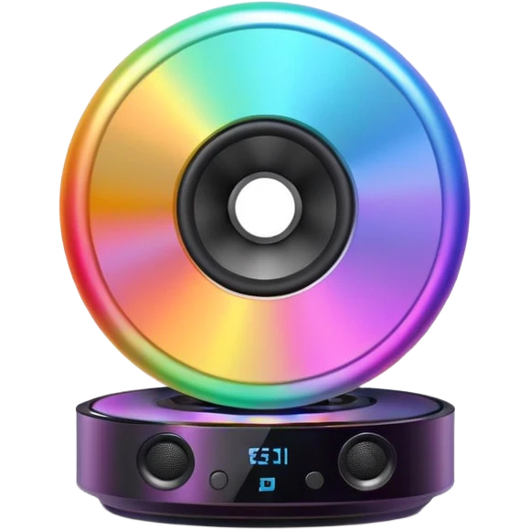 A speaker emoji 🔊 with a smooth CD-like surface that reflects iridescent colors shiny plastic body, prismatic reflections shifting across the front, soft sparkles and light gleams, holographic sheen, clean simple shape, bright colorful highlights emoji