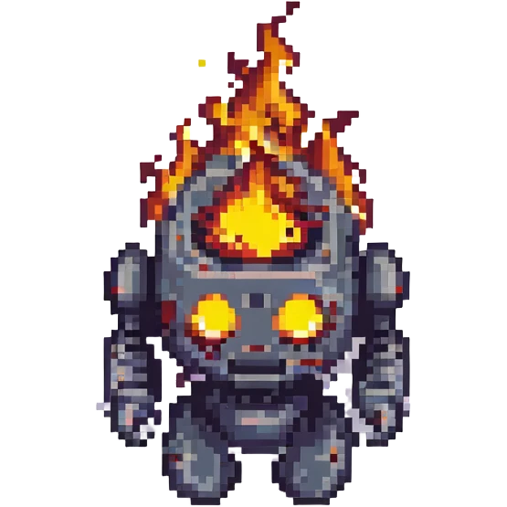 robot with its head on fire, pixel art style emoji