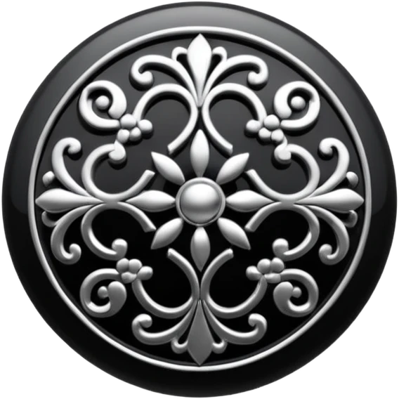 Black and silver filigree round button, 3D, extremely detailed design emoji