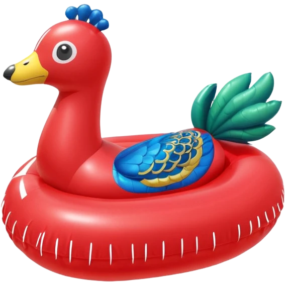 Red balloon animal dog pool floatie and peacock pool floatie emoji