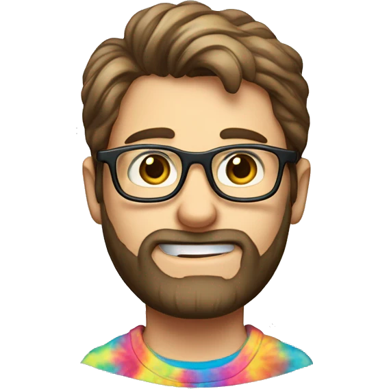 nerdy caucasian male with short brown hair and tight beard and wire rim glasses in tie dye shirt waving shyly emoji