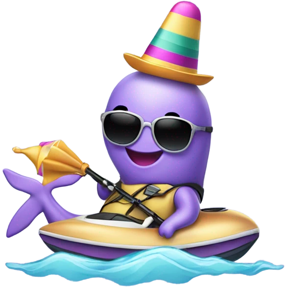 Lavender color narwhal wearing a sombrero, earrings, sunglasses, on a jetski emoji