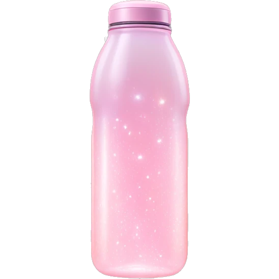 Pastel Pink Water Bottle "A pastel pink water bottle with glowing liquid inside, sparkling accents on the lid, and a faint shimmering light trailing from its base." emoji