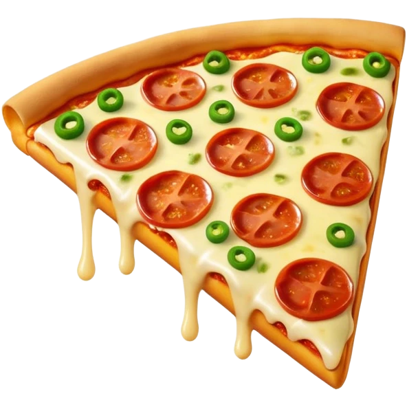 A cute 3D emoji-style pizza slice with glossy finish, thick melted cheese, golden crust, vibrant toppings, smooth cartoon design, soft lighting, clean background, high-quality modern emoji look. emoji