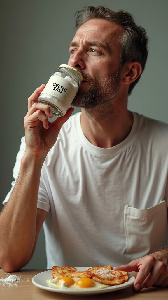 A MEDICAL ILLUSTRATION OF A REALISTIC human body holding a jar with "CELTIC SALT" written on the label, he throws it in his mouth DURING BREAKFAST emoji