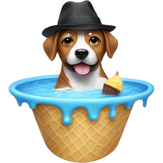 Dog swimming in a ice cream pool with a hat on emoji