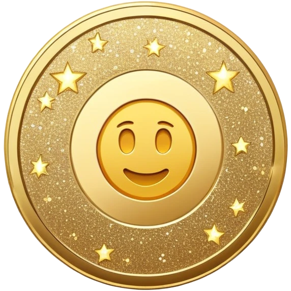 coin with glittery sparkles around it, bright and celebratory emoji