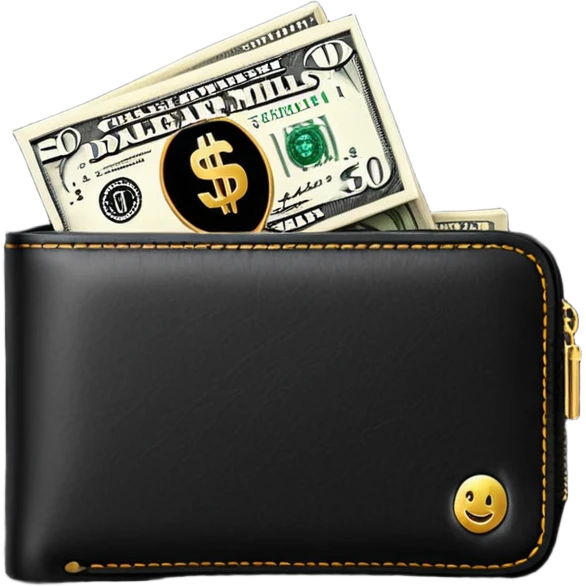 Rich emoji style black leather wallet with dollar bills, luxury money vibe, premium 3D emoji, ultra clean, high detail, no background emoji