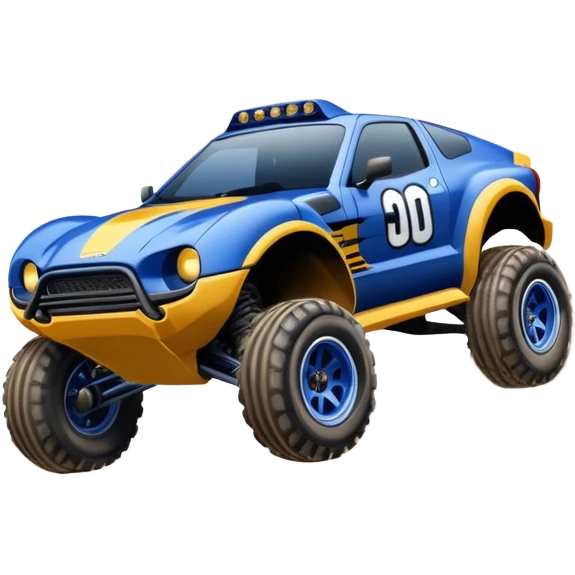 Dirty Midnight-blue Local Motors Rally Fighter off road race car jumping over a dirt ramp  emoji