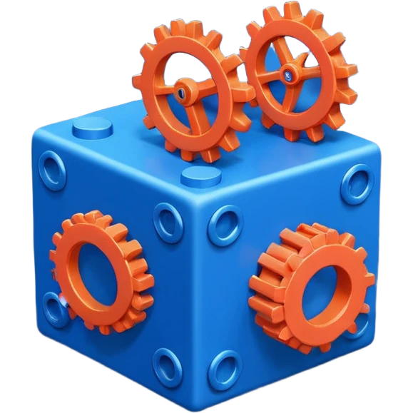 Modern minimal emoji: building blocks + connection flows + gear. Deep blue and coral colors. Professional no-code expert signature. Geometric clean style. emoji