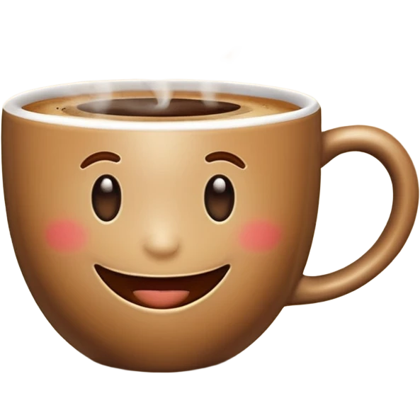 Create an emoji-style image of a warm morning cup of coffee with steam rising and a cheerful smiling face on the cup. The background should feel cozy and bright, like morning sunshine. emoji