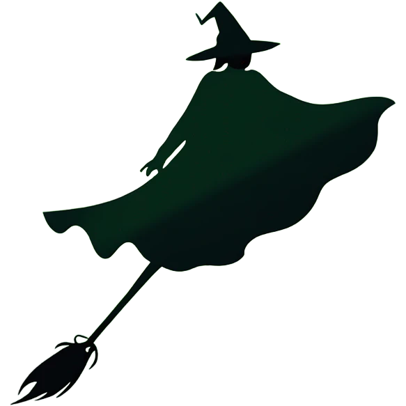A silhouette of a witch flying on a broomstick, her cape flowing dramatically, set against a green and black gradient, inspired by Elphaba’s “Defying Gravity” moment in the Wicked movie.  emoji