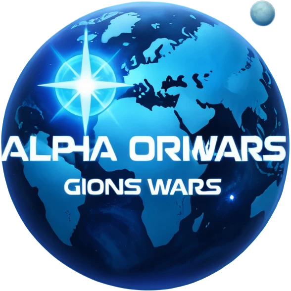 The image is a sci-fi poster with glowing blue text that reads “ALPHA ORIONIS WARS.” A bright blue planet or star glows at the bottom, and the word “STARBLAST” appears below. The design has a futuristic, space-themed look. emoji