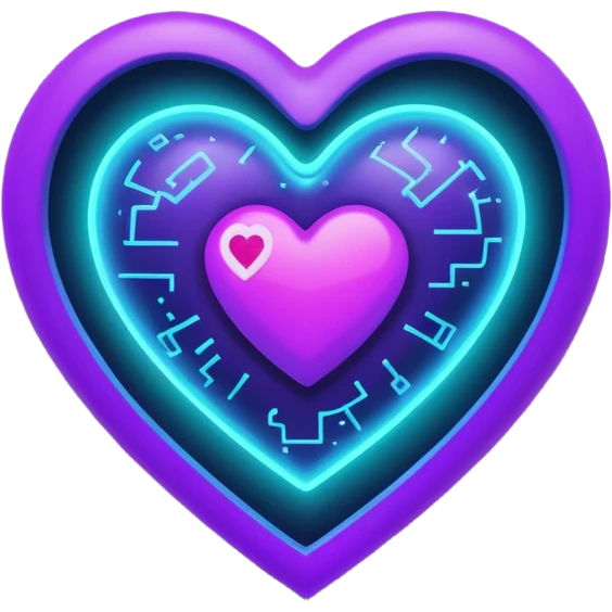A glowing blue-to-purple neon heart with a small galaxy and green digital hacker code inside. Futuristic, gamer, magical, and powerful. 💚🌌🔥 emoji