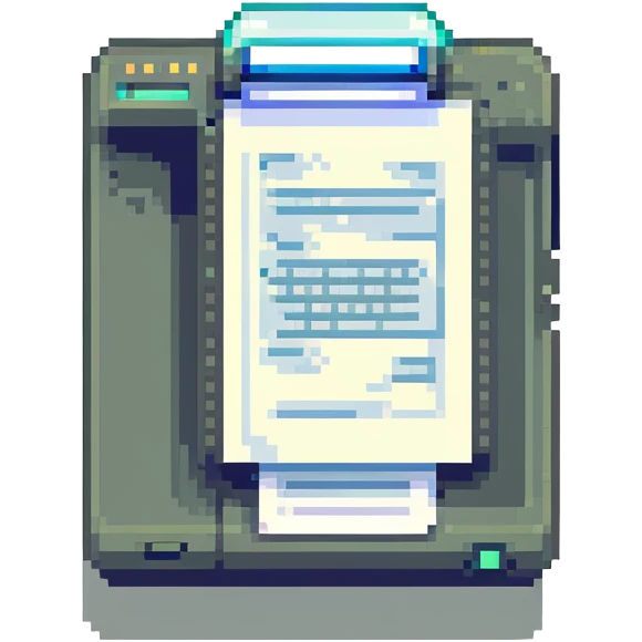 pixel art style scanner device with a document being scanned, glowing light bar emoji