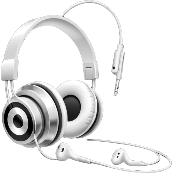 Futuristic iPod emoji with earphones, metallic black and white, smooth reflective surfaces, flat minimal vector design, clean UI style emoji