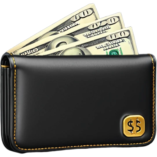 Rich emoji style black leather wallet with dollar bills, luxury money vibe, premium 3D emoji, ultra clean, high detail, no background emoji