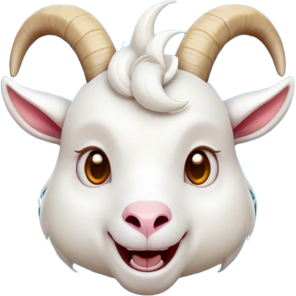 Cinematic Comical White Goat Portrait Emoji, Head tilted dramatically with an exaggeratedly amused expression, featuring a sleek white fur with a prominently quirky set of curved horns, wide, expressive eyes filled with playful disbelief, Simplified yet hilariously expressive features, highly detailed, glowing with a slightly sassy glow, high shine, dramatic yet playful, stylized with an air of cheeky mischief, bright and endearing, soft glowing outline, capturing the essence of a spirited and over-the-top goat, so meme-worthy it feels like it could side-eye its way into internet fame instantly! emoji