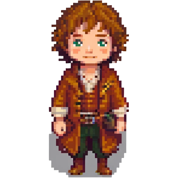 Whole body image of bilbo baggins from the lord of the rings  in pixel art style and formatted to fit emoji size for later adding to slack app emoji