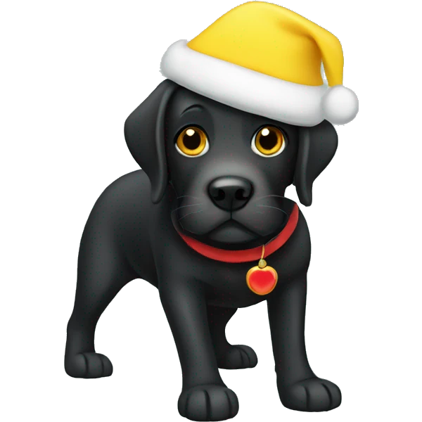 Black Labrador wearing a yellow Santa hat emoji