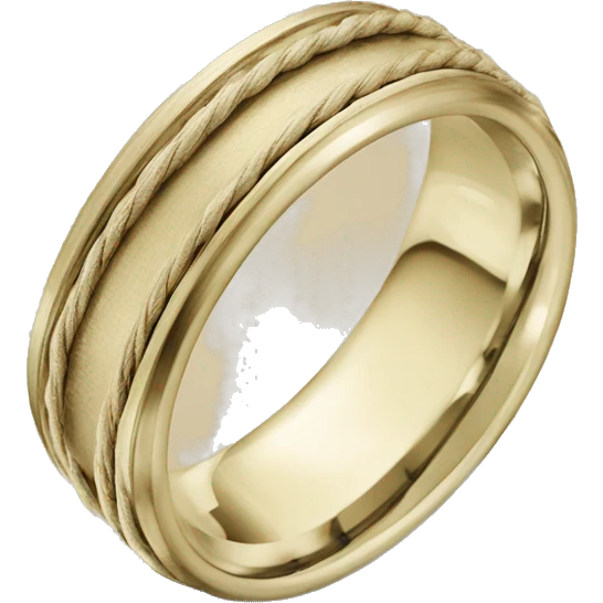 A classic brushed gold wedding band with a matte finish, featuring rope-like detailing around both edges for a subtle, textured design. emoji