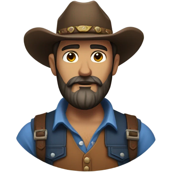 a rugged cowboy with a thick beard, wearing a blue vest over a classic western shirt. He should have a confident stance, showing full torso emoji