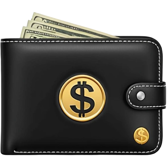 Rich emoji style black leather wallet with dollar bills, luxury money vibe, premium 3D emoji, ultra clean, high detail, no background emoji