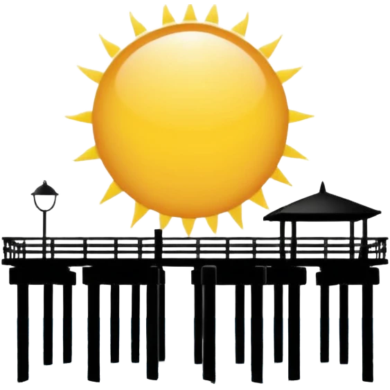 A black and white image of a pier in the ocean as a silhouette with the sun in the background emoji