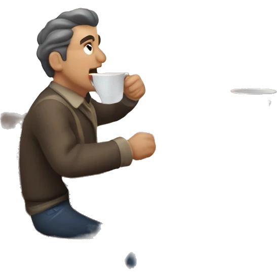 Hombre gordito tomando café frente al árbol de navidad  emoji