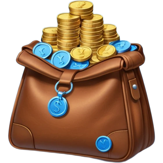 leather bag on top of blue coins stack emoji