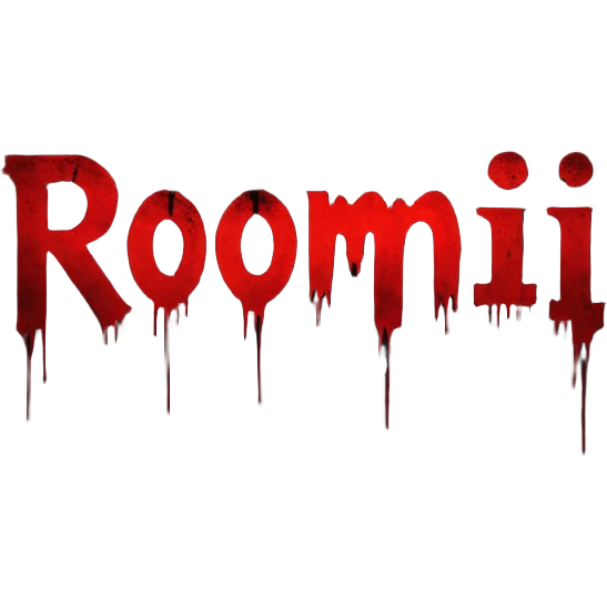 Dark horror cinematic wallpaper foggy grey and charcoal background with subtle pale light from top-left,  cinematic grain and vignette, scattered floating dust particles , centered bold text "ROJONI" in distressed horror font with faint red smear and inner shadow, moody  emoji