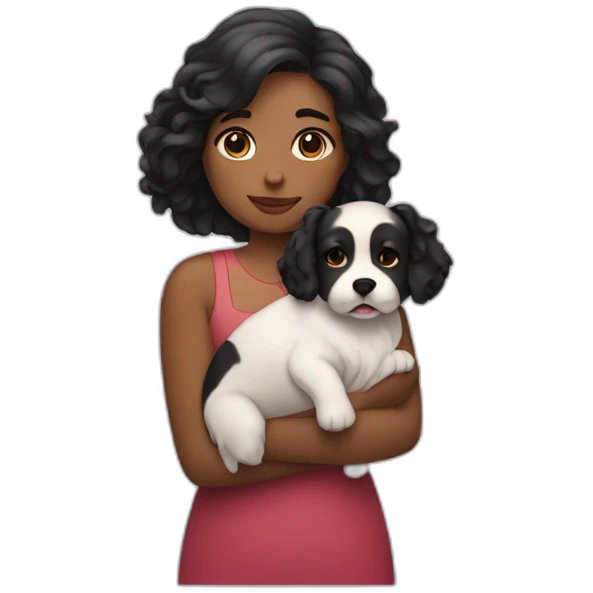 Plump girl with dark black wavy hairs holding dog in her arm emoji
