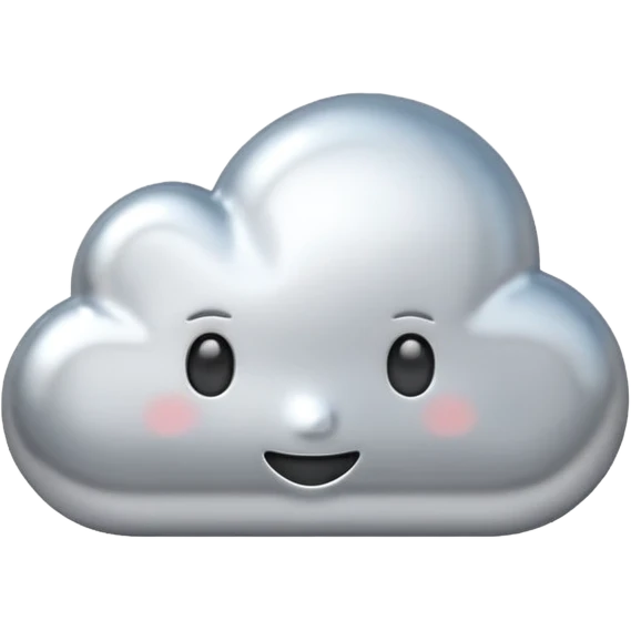 A cute cloud emoji made of silver chrome, smooth rounded shape, glossy metallic surface, soft reflections, minimal and friendly design, iOS emoji style, centered, clean white background, soft lighting emoji