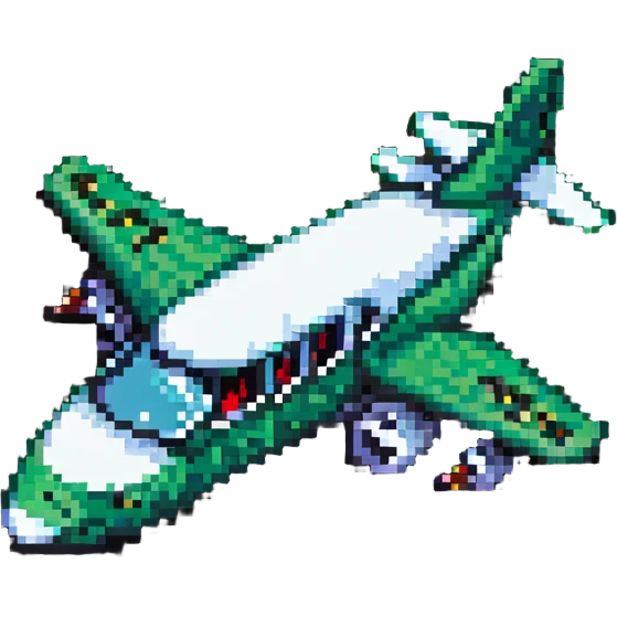 airplane with crocodile mouth open as cockpit, pixel art style emoji